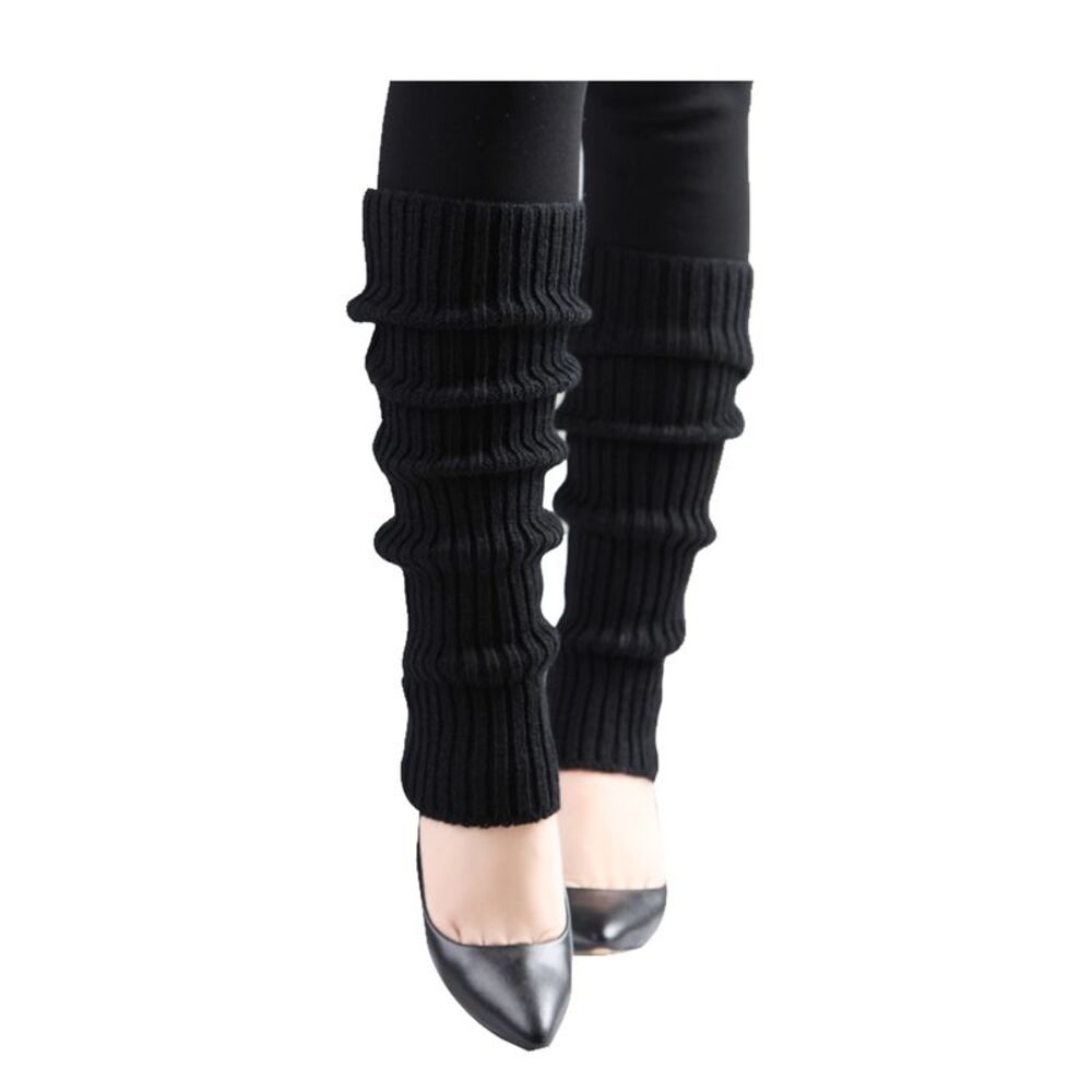 Knitted Toeless Solid Warm Stretchy Knee High Ribbed Leg Warmers Black